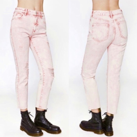 PacSun Denim - Pacsun Love Me Pink Mom Jeans High Rise Denim Acid Wash Distressed Cropped- 26/2